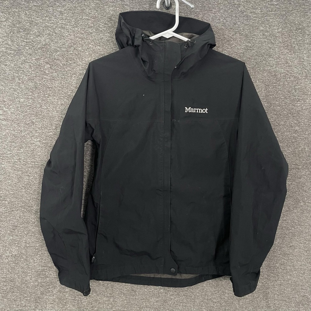 Marmot Jacket Mens Small Black Gore-Tex Hooded Waterproof Rain Shell Hiking